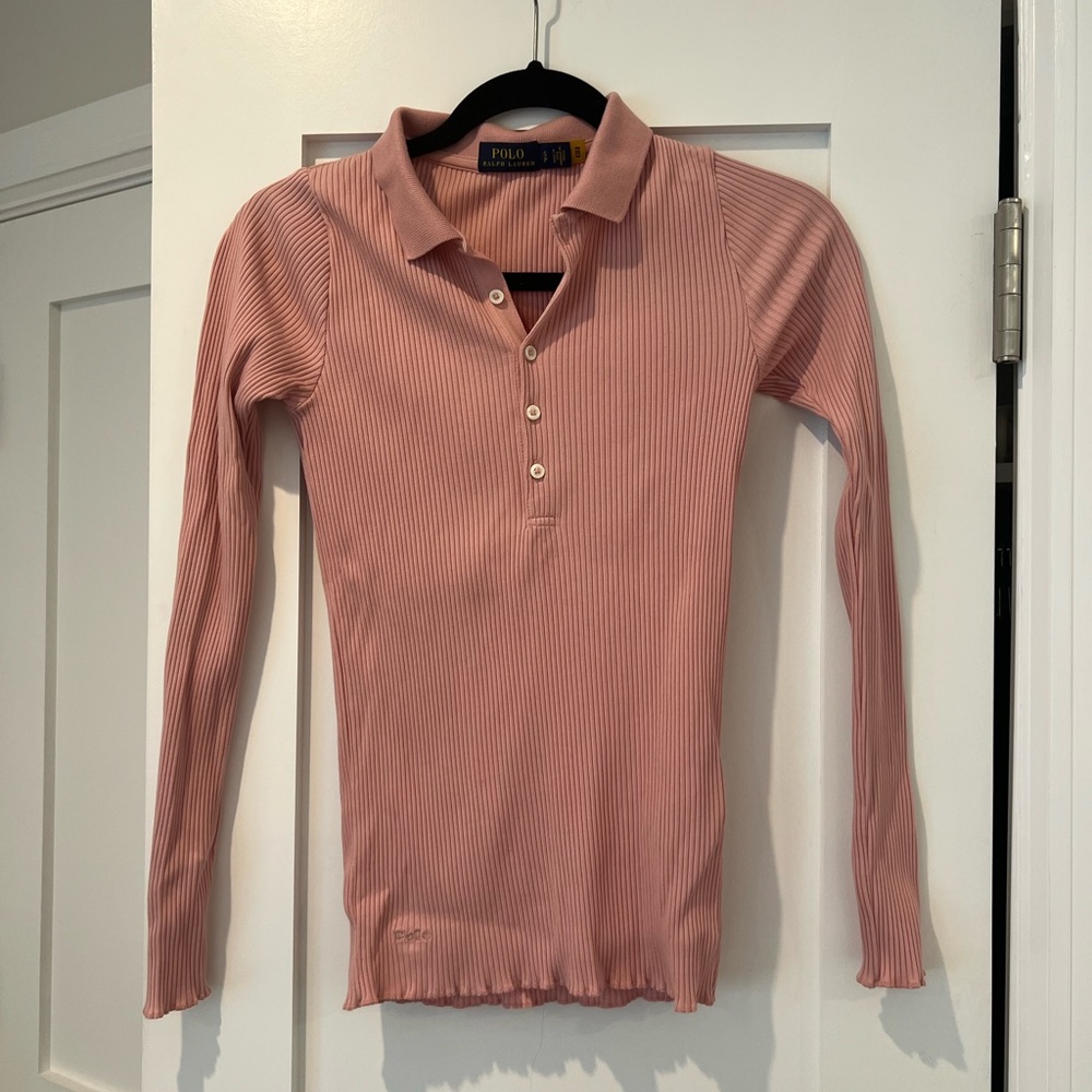 Polo Ralph Lauren Pink Ribbed Collared Long Sleeve Shirt Top [Small]